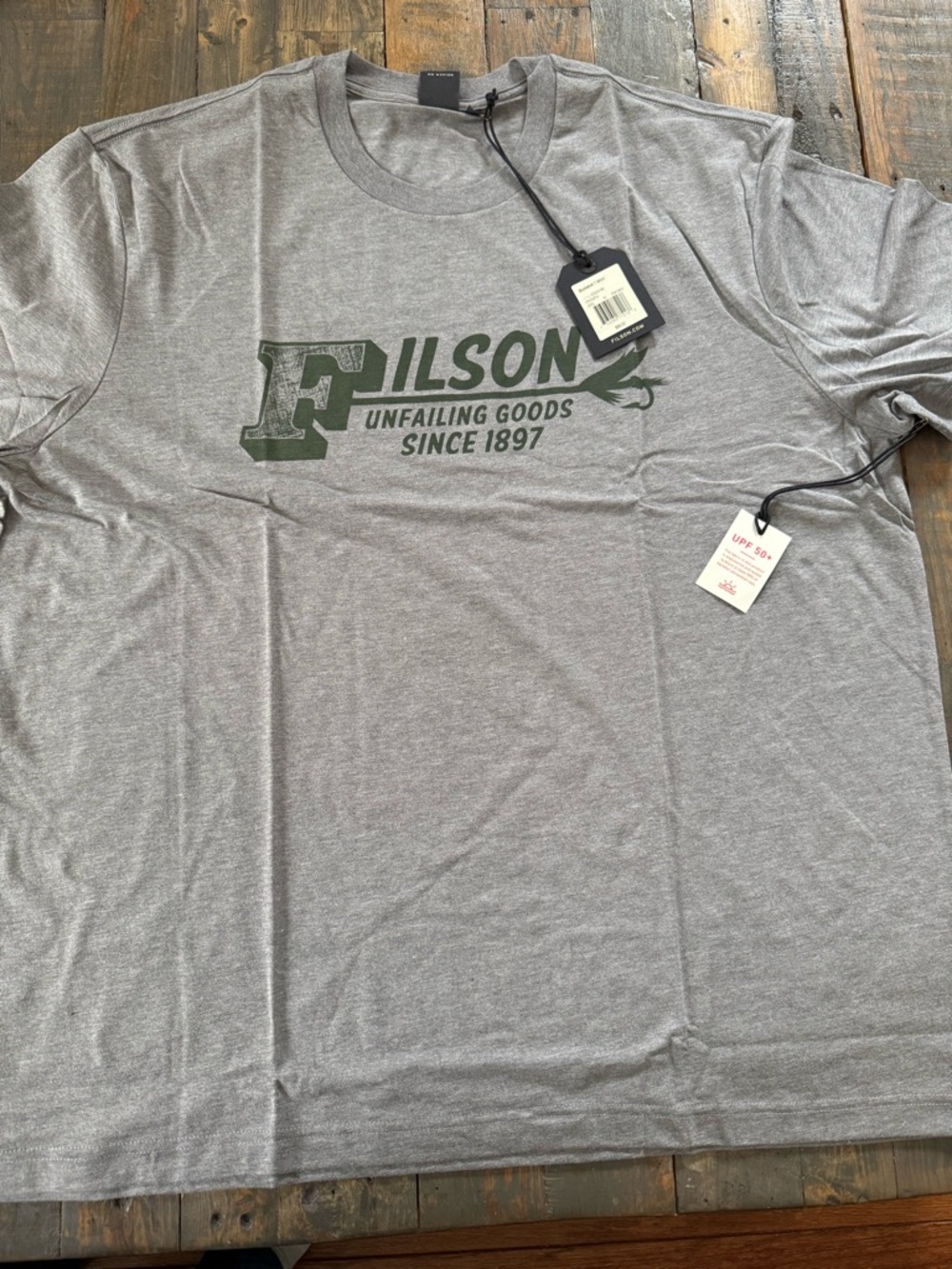 Filson Gray Short-Sleeve Logo Tee with Green Print 3XL UPF 50+